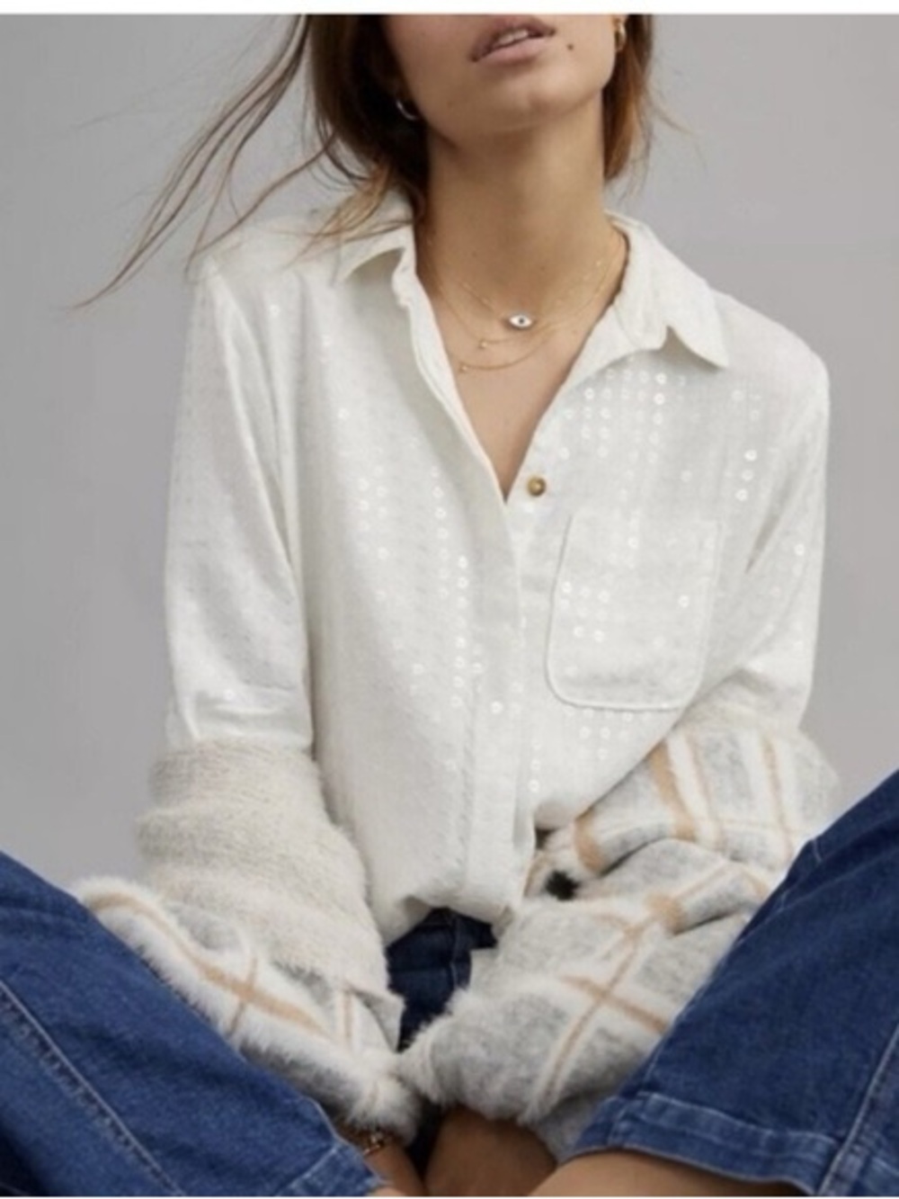 Maeve Anthropologie White Sequin Button Down Shirt Party Bachelorette Sz M